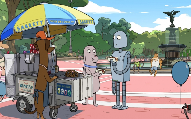 Robot et chien mangent des hot dog dans un parc