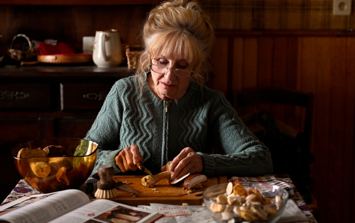 Une vieille dame est à table dans sa cuisine et coupe des champignons fraichement cueillis.