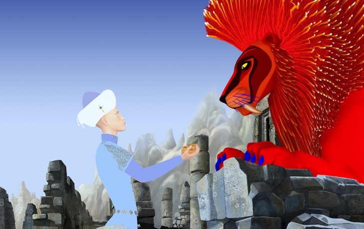 Azur, adulte, est dans les montagnes. Il fait face au majestueux lion rouge, au dessus de lui.
