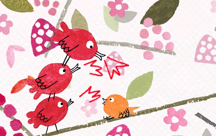 Dessin d'oiseaux dans les tons rouges, oranges et roses, tirée du court métrage "Le moineau qui ne sait pas siffler" à retrouver dans "En promenade"