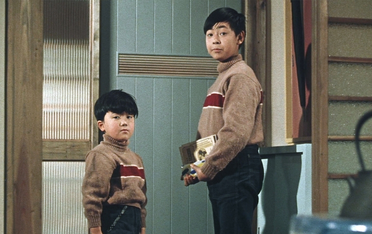 Deux frères, habillés de la même manière, se tiennent face à face dans une maison et regardent vers l'objectif