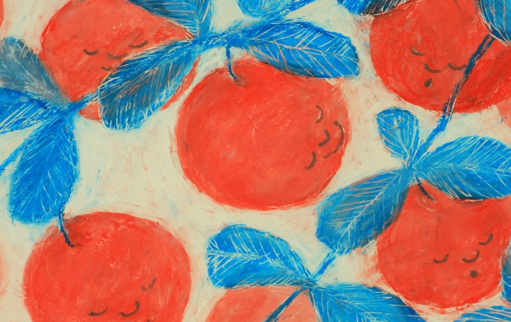 Gros plan sur des clémentines avec leurs feuilles. Les couleurs sont vives et les dessins sont fait à la pastelle.