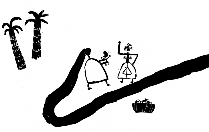 Dessin en noir sur blanc. Deux femmes parlent entre elles, et l'une d'elles tient un enfant dans ses bras. Deux palmiers sont à l'arrière plan.