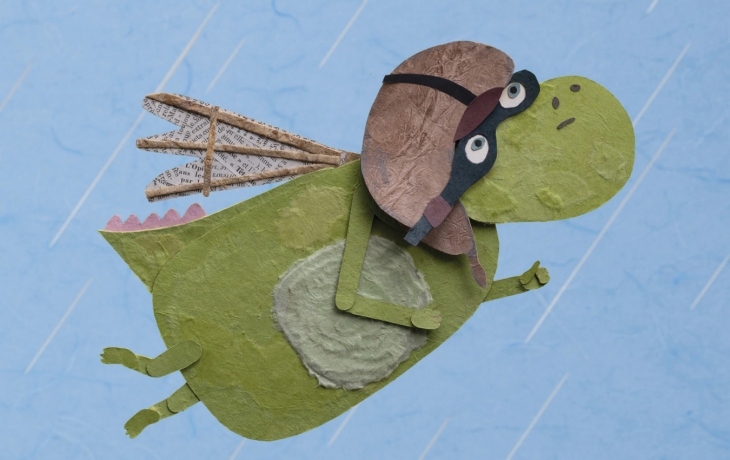 Dragon dans les airs, avec un casque