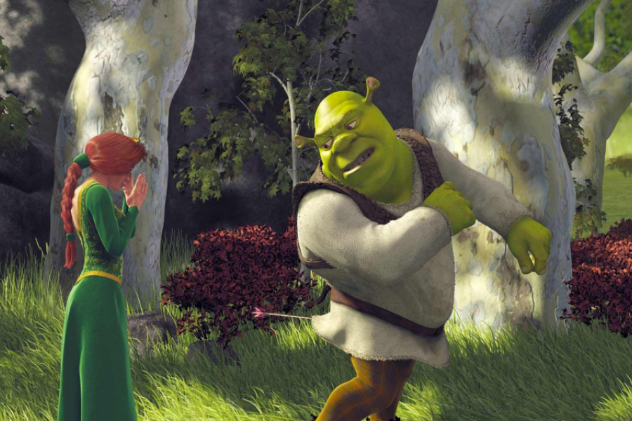 Shrek avec une flèche dans les fesses et Fiona ayant peur