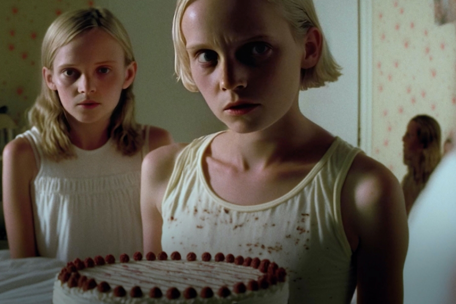 Deux jeunes filles regard noir avec un gâteau d'anniversaire