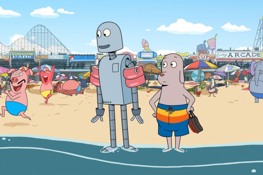 Robot et chien sont à la plage