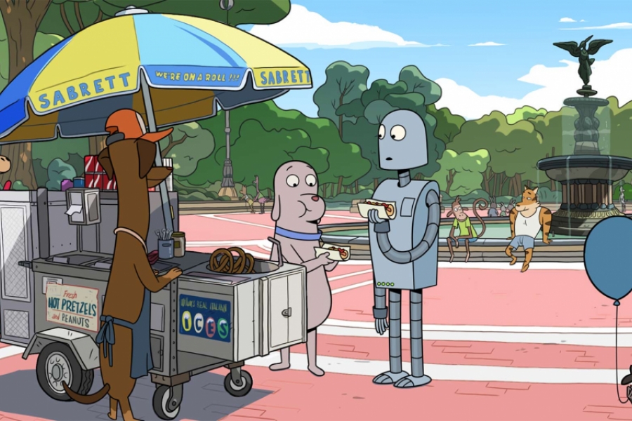 Robot et chien mangent des hot dog dans un parc