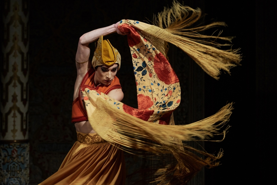 On voit la danseuse en mouvement, elle fait passer derrière elle une écharpe à frange jaune avec des fleurs rouges 