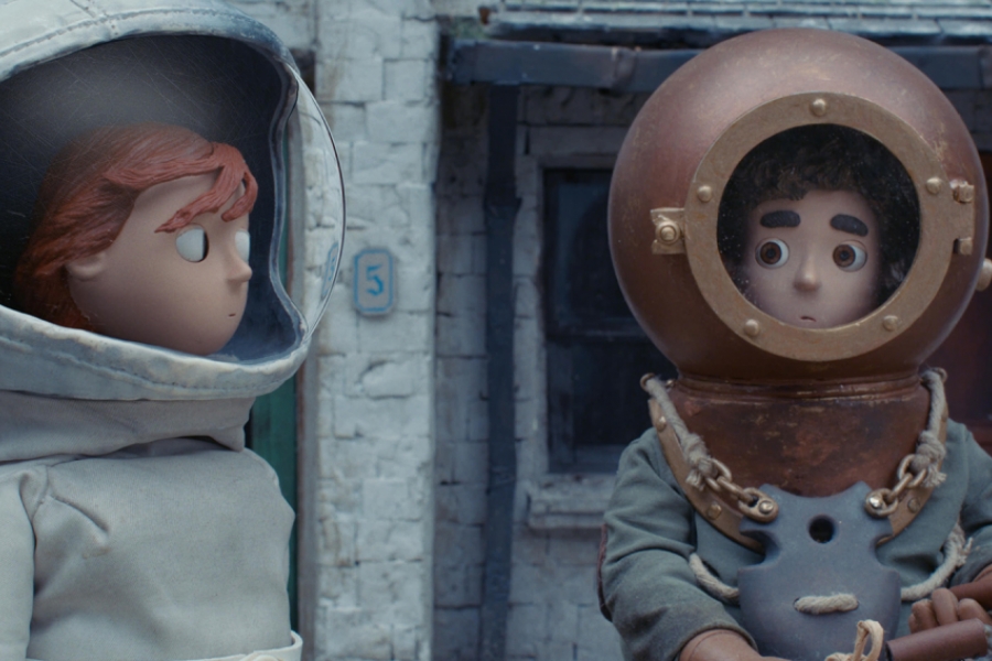Dessin animé. Un jeune homme en scaphandre et une fille en astronaute 