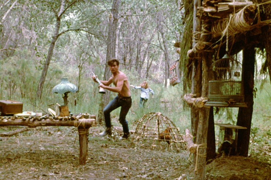 Homme dans la forêt avec une arme, sur le qui vive.