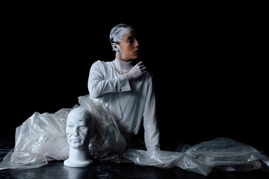 L'interprète est assise sur scène. Elle est vêtue d'habit blanc, enveloppée dans du papier plastique blanc translucide. Ses cheveux sont peint en blanc. Au sol à côté d'elle se trouve une sculpture d'un visage blanc.