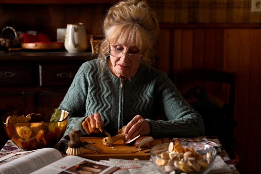 Une femme âgée est à table et coupe des champignons fraîchement cueillis.