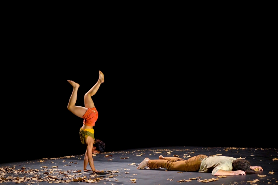 Suc une scène jonchée de feuilles mortes au sol, un homme est allongé à droite sur le ventre. À gauche, la femme marche sur ses mains.