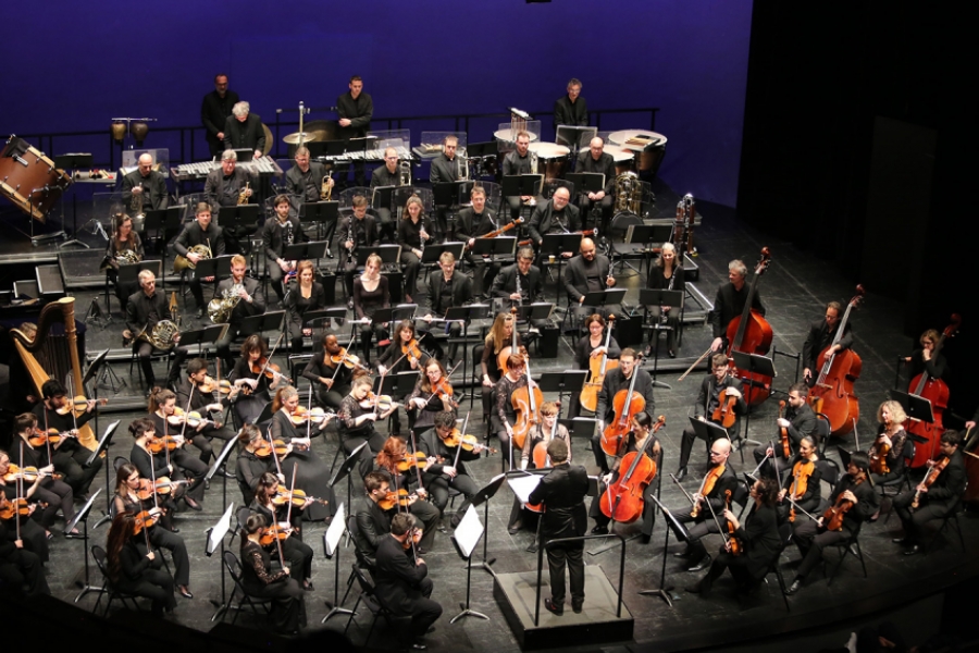 Vue d'ensemble de l'orchestre sur scène.