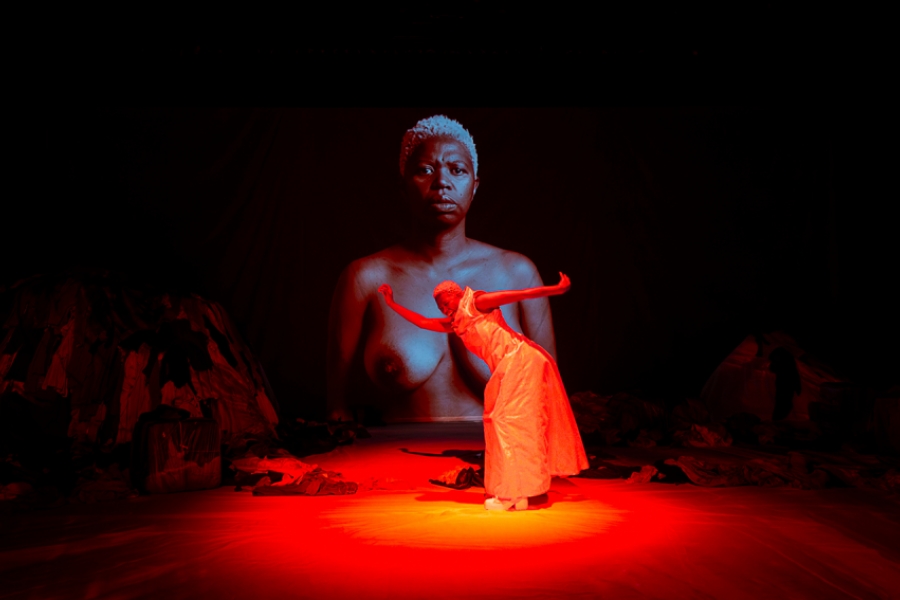 Sur scène, une lumière rouge éclaire l'interprète qui semble danser. Un portrait d'elle est projeté.