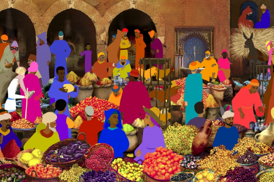 Vue d'ensemble très coloré du marché aux épices. 
