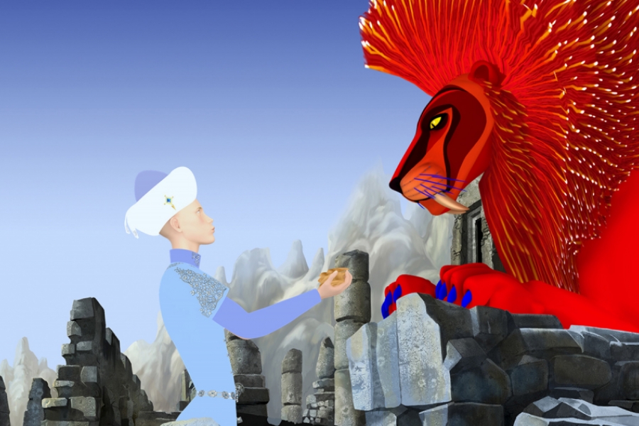 Azur, adulte, est dans les montagnes. Il fait face au majestueux lion rouge, au dessus de lui.