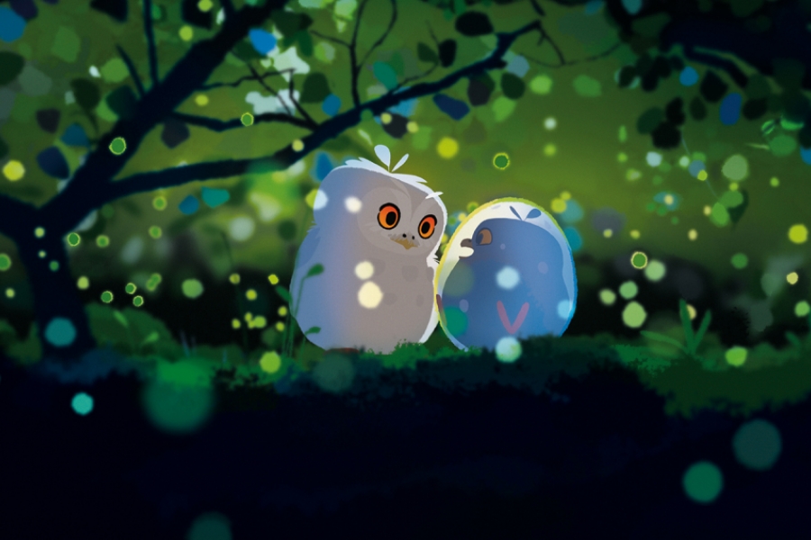 Dans les feuillages, Choum regarde son oeuf. Avec la lumière, on voit qu'il y a une petite chouette dans l'oeuf. 