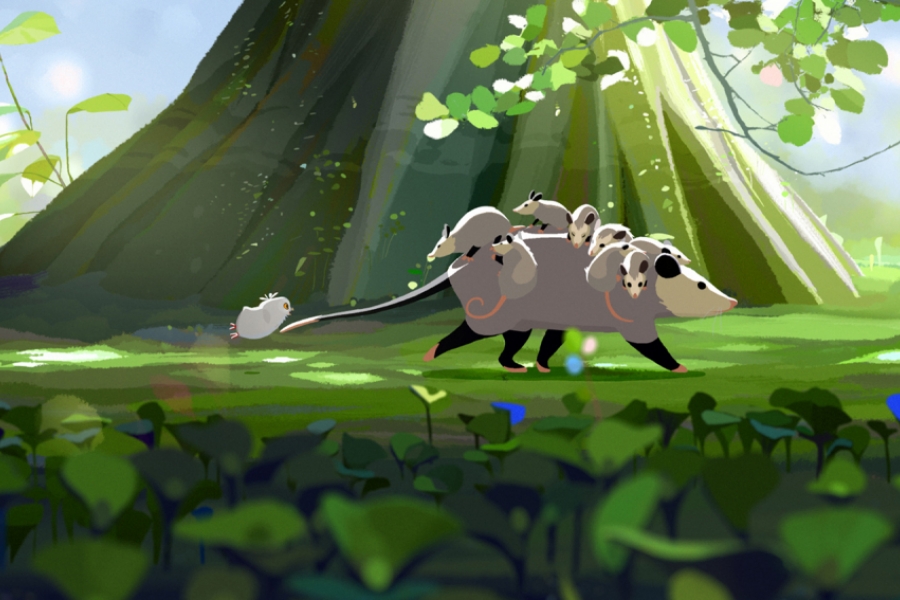 Au pied d'un arbre, des rats sont sur le dos d'un furet qui marche. Choum est accrochée à la queue du furet.
