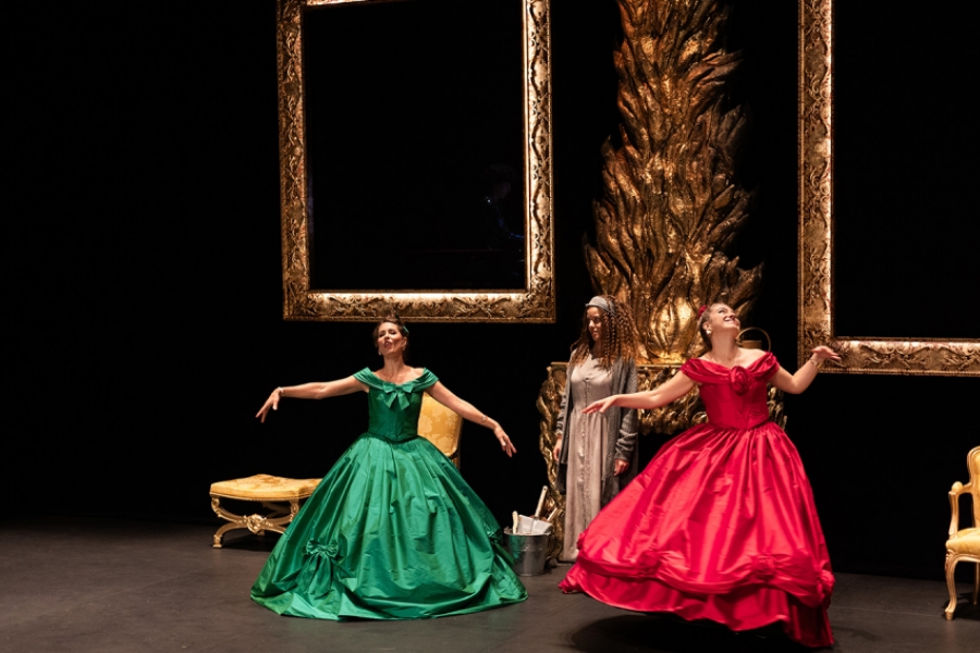 Les 2 belles soeurs et leurs jolies robes, au centre cendrillon