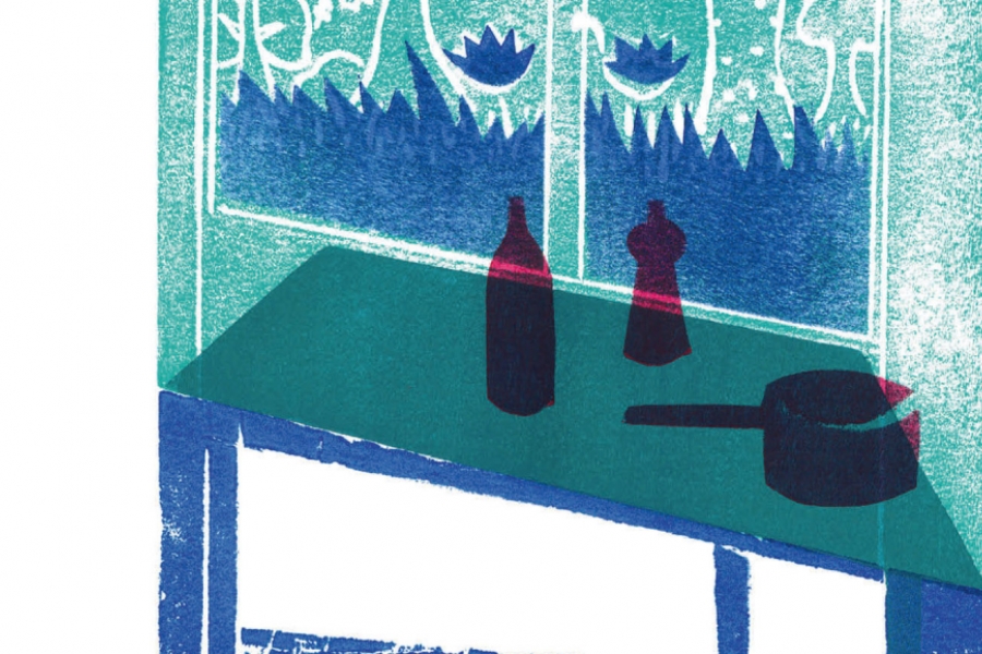 illustration en sérigraphie qui montre une table bleue avec des ustensiles de couleur rouge en face d'une fenêtre de couleur verte