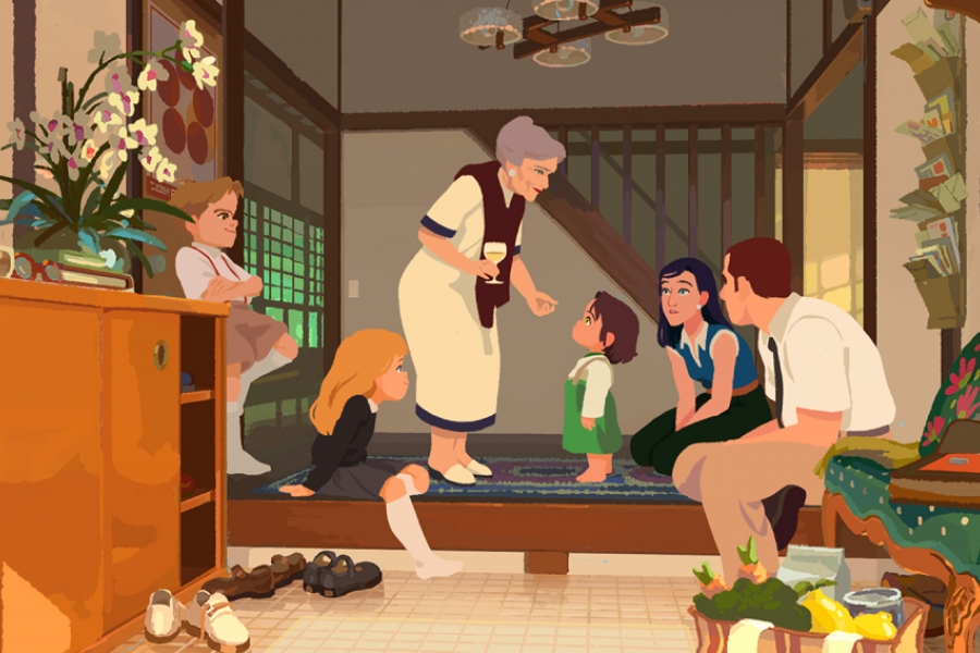 Dans une maison traditionnelle asiatique, une famille est dans l'entrée. Une grand-mère parle à Amélie.