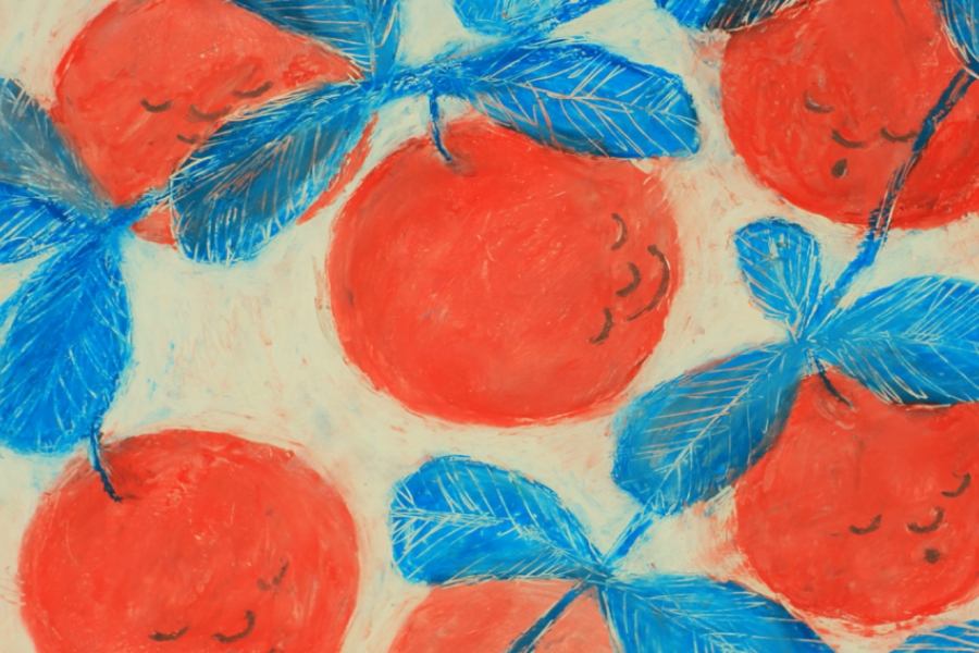 Gros plan sur des clémentines avec leurs feuilles. Les couleurs sont vives et les dessins sont fait à la pastelle.