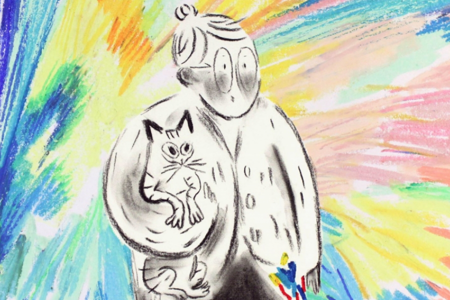 Une dame et son chat sont au fusain noir, sur un fond de toutes les couleurs.