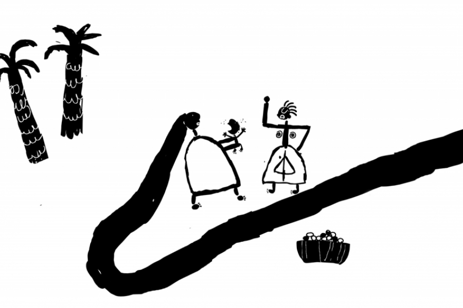 Dessin en noir sur blanc. Deux femmes parlent entre elles, et l'une d'elles tient un enfant dans ses bras. Deux palmiers sont à l'arrière plan.