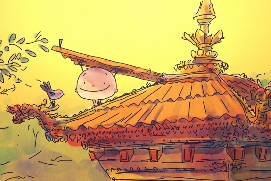 Un petit personnage sort sa tête du haut d'un bâtiment au style asiatique traditionnel. Face à lui se trouve un oiseau sur une branche.