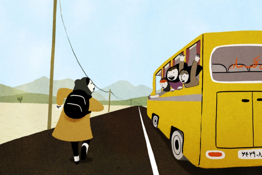 Jeune fille qui court après un bus scolaire