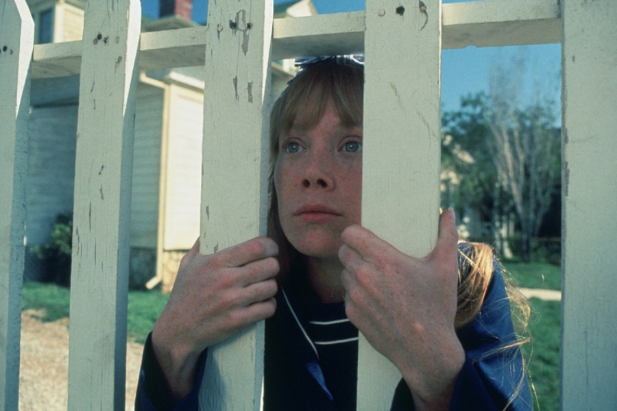 Carrie le tête collée à une cloture