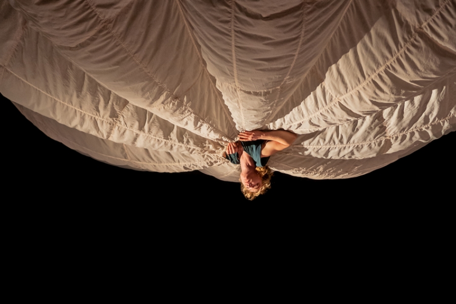 Une danseuse a la tête à l'envers, entourée d'une immense jupe qui recouvre le plafond