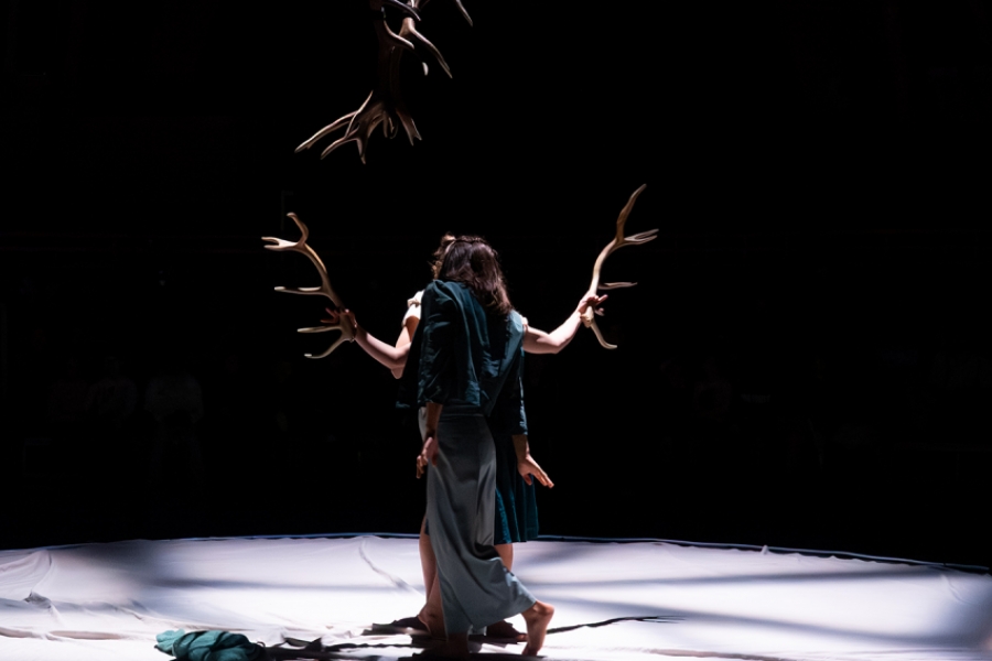 Deux danseuses se tiennent debout, proches l'une de l'autre, l'une tenant des bois de cerf 