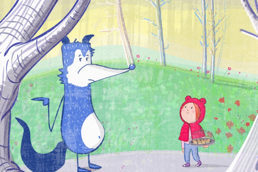Le loup montre la direction au petit chaperon rouge
