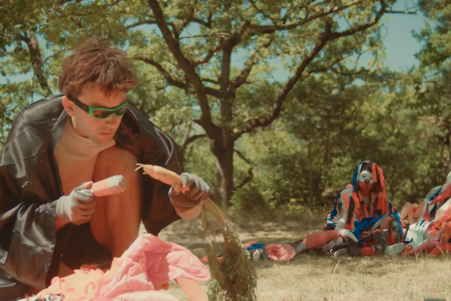 Un homme assis dans la nature tient 2 carottes dans ses mains