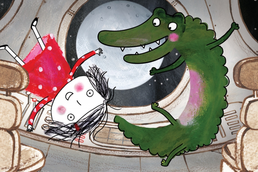 Un crocodile et une petite fille dans une cabine sans gravité