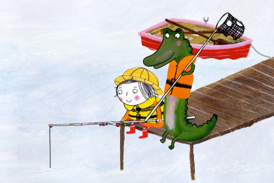 Un crocodile et une petite à la pêche 