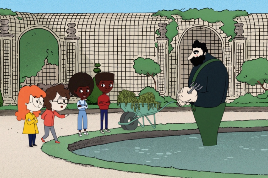Enfants devant un bassin, un homme dedans brouette pleine à la main