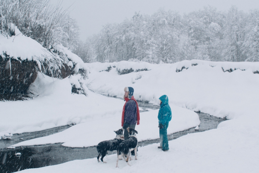 2 enfants au bord d'une rivière avec un chien. Paysage enneigé 